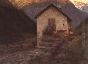 Gebirgslandschaft Mit Alphutte Und Ziegenherde by Gioacchino Galbusera