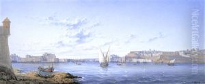 Marsamxett Harbour At Dusk; The Grand Harbour, Valletta by Luigi Maria Galea