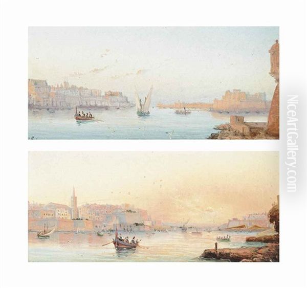 Grand Harbour, Valetta, Early Morning; Grand Harbour, Valetta, Sunset (both Illustrated) (pair) - view 1
