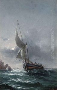 A Maltese Fishing Vessel Off The Coast Under Moonlight by Luigi Maria Galea