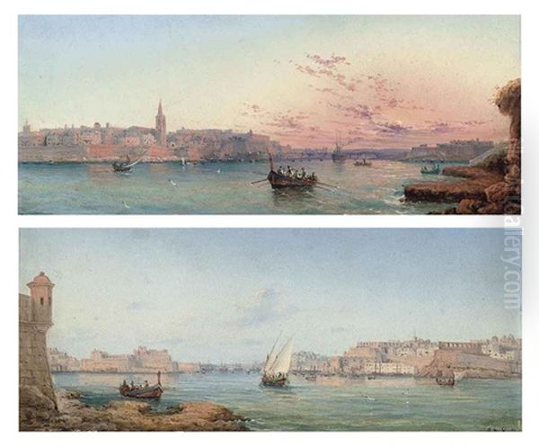 Rowing Out, Valetta Harbor, Sunset (+ Fishing Vessels In Valetta Harbor, Malta; Pair) - view 1