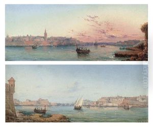 Rowing Out, Valetta Harbor, Sunset (+ Fishing Vessels In Valetta Harbor, Malta; Pair)