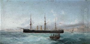 "h.m.s Superb" Off The Entrance To The Grand Harbor, Valetta (+ Crowded Maltese Fishing Vessel; 2 Works) by Luigi Maria Galea