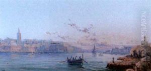 Grand Harbour, Valetta: By Daylight (+ Grand Harbour, Valetta: At Dusk; 2 Works In 1 Frame) by Luigi Maria Galea