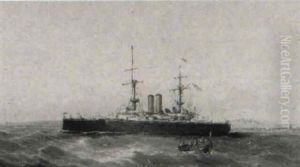 A British Naval Vessel And Other Shipping Off Valletta by Luigi Maria Galea