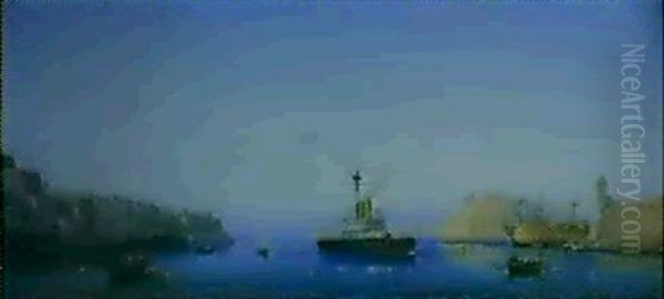 Out Into The Mediterranean: H.m.s. Dreadnought Clearing Grand Harbour, Valetta - view 1