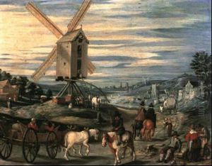 A Horsedrawn Cart And Riders Travelling Along A Country     Path Before A Windmill With A River And Distant Town by Nicolaes van Galen