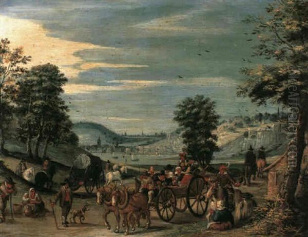 A Horsedrawn Cart Transporting Revellers Along A Country    Road In A River Valley - view 1