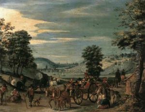 A Horsedrawn Cart Transporting Revellers Along A Country    Road In A River Valley