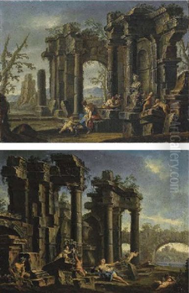 Capriccio Architettonico Con Figure Classiche E Colonnato; E Ponte Romano In Lontananza (2 Works Attributed To Sebastiano Galeotti &amp; Collaborator And Clemente Spera) - view 1