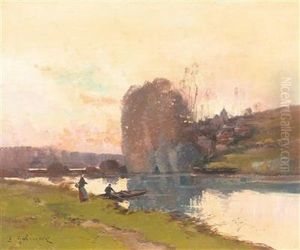 Riverbank At Sunset With Decorative Figures by Eugene Galien-Laloue