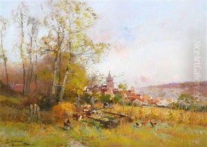 Feeding Chickens At The Edge Of A Village by Eugene Galien-Laloue