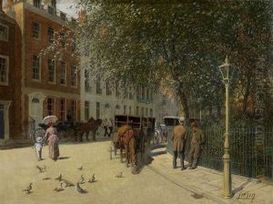 Street Scene With Figures By The Park by Eugene Galien-Laloue