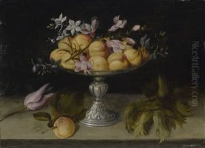 Still Life Of Peaches, Jasmine, And A Spray Of Hyacinth In A Metal Fruit Stand, With Tulips And Hazelnuts In The Hull, All On A Stone Ledge