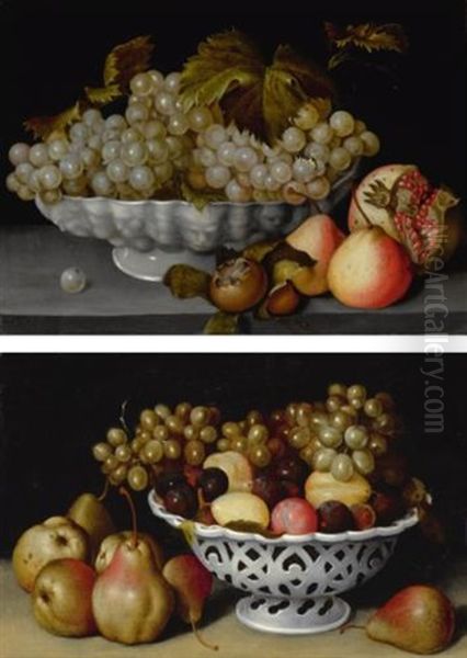 A Still Life Of A Porcelain Bowl Of Grapes On A Stone Ledge With A Medlar, Quinces, A Pomegranate And A Wasp; A Still Life Of A Porcelain Basket Of Plums And Grapes On A Stone Ledge With Pears - view 1