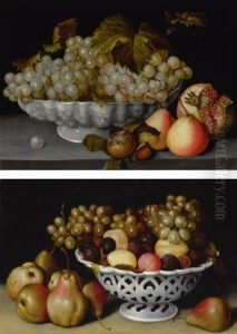 A Still Life Of A Porcelain Bowl Of Grapes On A Stone Ledge With A Medlar, Quinces, A Pomegranate And A Wasp; A Still Life Of A Porcelain Basket Of Plums And Grapes On A Stone Ledge With Pears by Fede Galizia