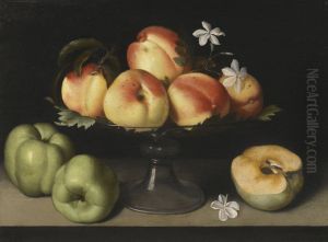 A Crystal Fruit Stand With Peaches, Quinces, And Jasmine Flowers