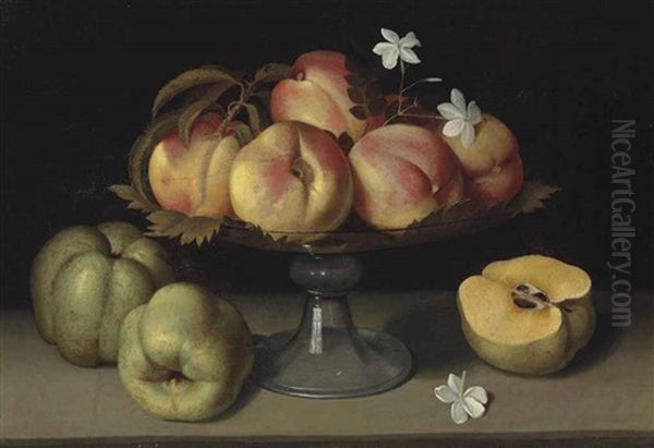 Peches Dans Une Coupe En Verre, Pommes Et Fleurs De Jasmin - view 1