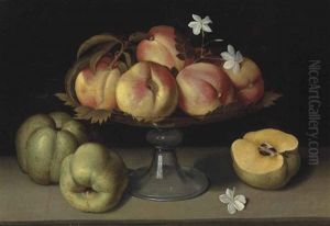 Peches Dans Une Coupe En Verre, Pommes Et Fleurs De Jasmin by Fede Galizia