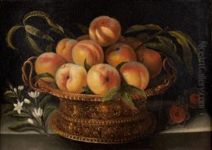 Corbeille De Vermeil Garnie De Peches Et Posee Sur Un Entablement A Cote D'une Branche D'oranger by Fede Galizia