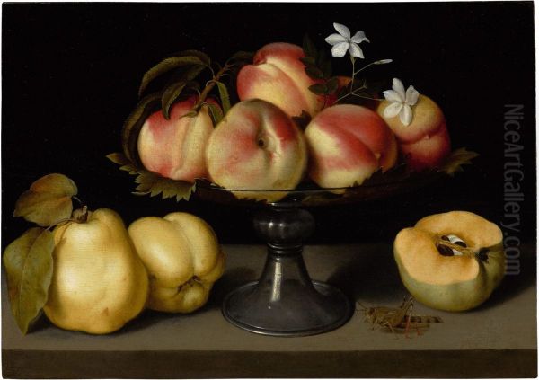 A Glass Compote With Peaches, Jasmine Flowers, Quinces And A Grasshopper - view 1