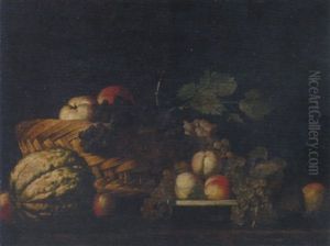 Apples And Grapes In A Wicker Basket, With Peaches On A White Plate And A Watermelon On A Stone Ledge