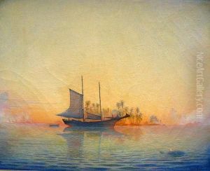 A Sailing Ship Moored Off A Tropical Island; And Another Painting Of A Similar Subject by Kenneth Newell Avery