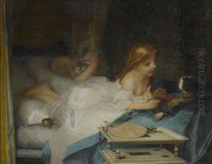 A Child And Doll On A Bed by Pierre-Victor Galland
