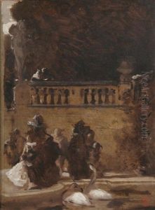 Figures Along Balustrade In Paris Park by Pierre-Victor Galland