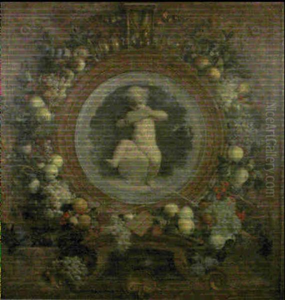 Amour Jouant De La Flute De Pan Dans Une Architecture Ornee De Fruits Et D'instruments De Musique - view 1