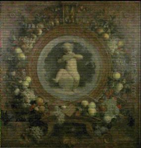Amour Jouant De La Flute De Pan Dans Une Architecture Ornee De Fruits Et D'instruments De Musique by Pierre-Victor Galland