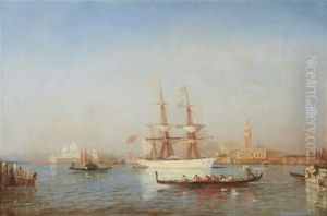 Venetian View With Gondola And Piazza San Marco In Distance by Paul Charles Emmanuel Gallard-Lepinay