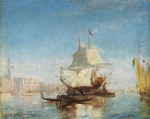 Venedig. Ein Vor Anker Liegender Segler Vor Der Kulisse Der Stadt Venedig. Ein Vor Anker Liegender Segler Vor Der Kulisse Der Stadt