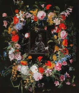 A Wreath Of Flowers Surrounding A Stone Niche With The Mater Dolorosa by Hieronymus Galle I