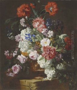 Roses, Peonies, Poppies, Carnations, Guelder Roses And Other Flowers In A Sculpted Terracotta Vase On A Stone Ledge