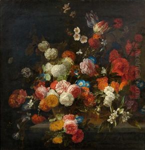 A Bouquet Of Flowers In A Basket With Roses, Snowballs And Tulips by Hieronymus Galle I