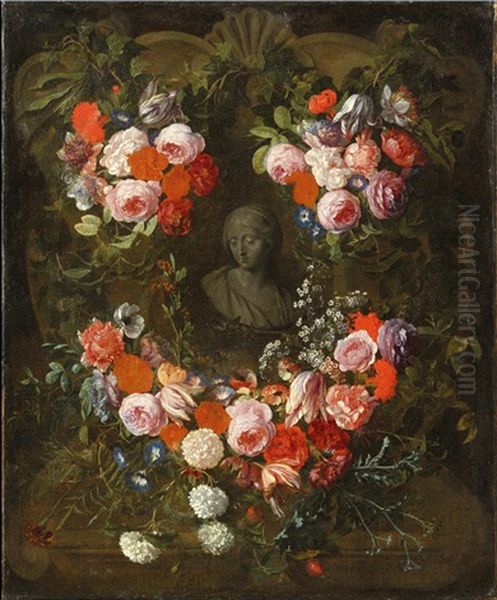 Buste De La Vierge En Grisaille Dans Une Couronne De Fleurs - view 1