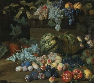 Pumpkins, Grapes, Peaches, Plums, Pomegranates, Pears, Figs, Apples, And Turnips By And On A Plinth Pumpkins, Grapes, Peaches, Plums, Pomegranates, Pears, Figs, Apples, And Turnips By And On A Plinth