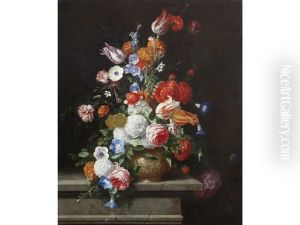 Roses, Tulips, Morning Glory And Other Flowers In An Urn On A Stone Ledge by Hieronymus Galle I