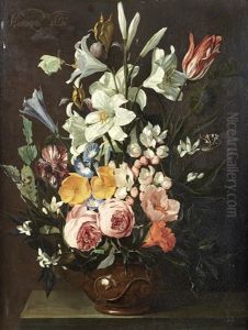 Roses, Lilies, Tulips And Other Flowers In An Earthenware Vase On A Table-top by Hieronymus Galle I