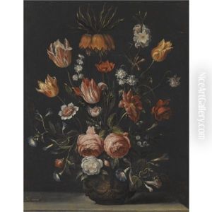 Still Life With Tulips, Roses, Petunias And Other Flowers In A Vase Resting On A Stone Plinth