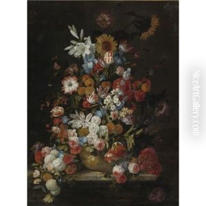 Still Life Of Roses, Tulips, Morning Glories, Irises, Carnations, Lilies, Snowballs, A Sunflower And Other Flowers, In A Sculpted Vase Resting On A Ledge by Hieronymus Galle I