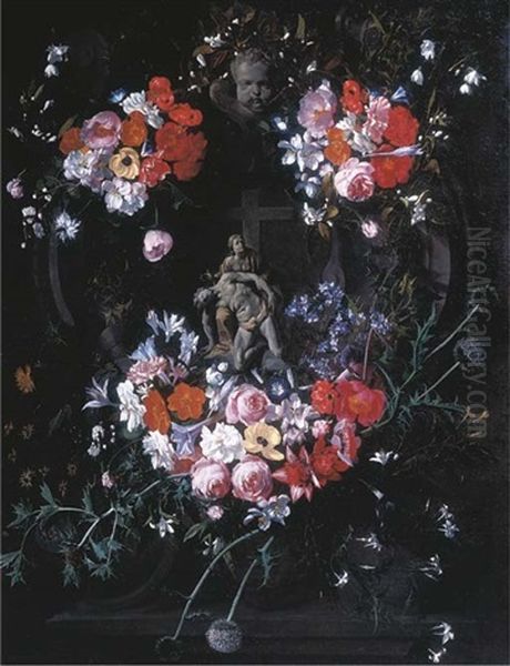 A Trompe L'oil Relief Of The Pieta In A Stone Carved Tondo, Surrounded By Festoons Of Flowers And Thistles - view 1