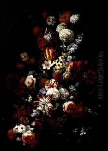 Still Life Of Tulips, Roses, Narcissi, Chrysanthemums, Carnations, Orange Blossom And Irises In A Gilt Urn, Placed Upon A Table-top by Hieronymus Galle I