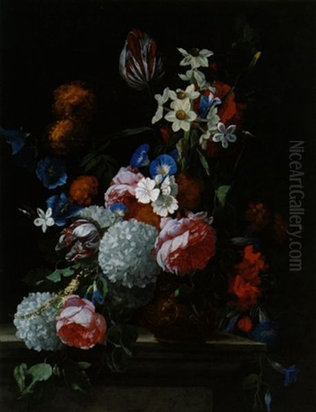 Ein Blumenstraus Mit Tulpen, Narzissen, Schneeballen, Peonien, Rosen Und Anderen Bluten In Einer Verzierten Vase - view 1
