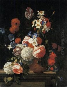Tulips, Peonies, Morning Glory, Narcissi And Other Flowers In A Decorated Vase On A Ledge