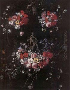 A Garland Of Thistle, Morning Glory, Roses, Lily, Jasmine, Carnations And Other Flowers Surrounding A Trompe L'oeil Relief Of The Pieta