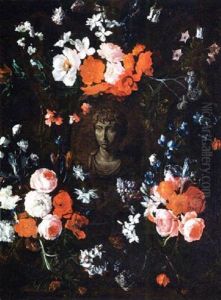 A Flower Garland Around A Cartouche With A Painted Bust Of Emperor