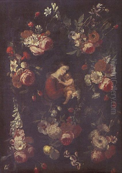 Vierge A L'enfant Dans Une Guirlande De Fleurs - view 1