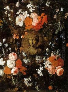 A Flower Garland Around A Cartouche With Aa Painted Bust